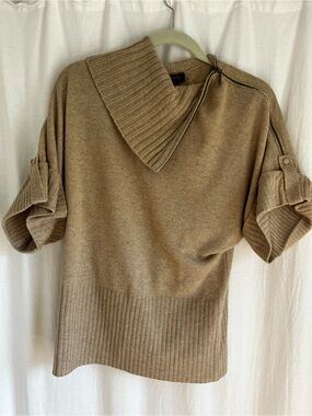 Forte Cashmere Camel Ribbed-Collar Short-Sleeve Sweater